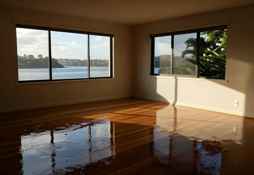 Flood-damaged living room in Phillip Bay before restoration